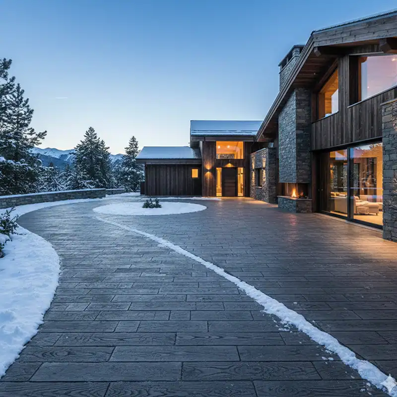 Pavimento de hormigón impreso imitación madera en color nogal para entrada de chalet moderno, resistente a heladas y antideslizante