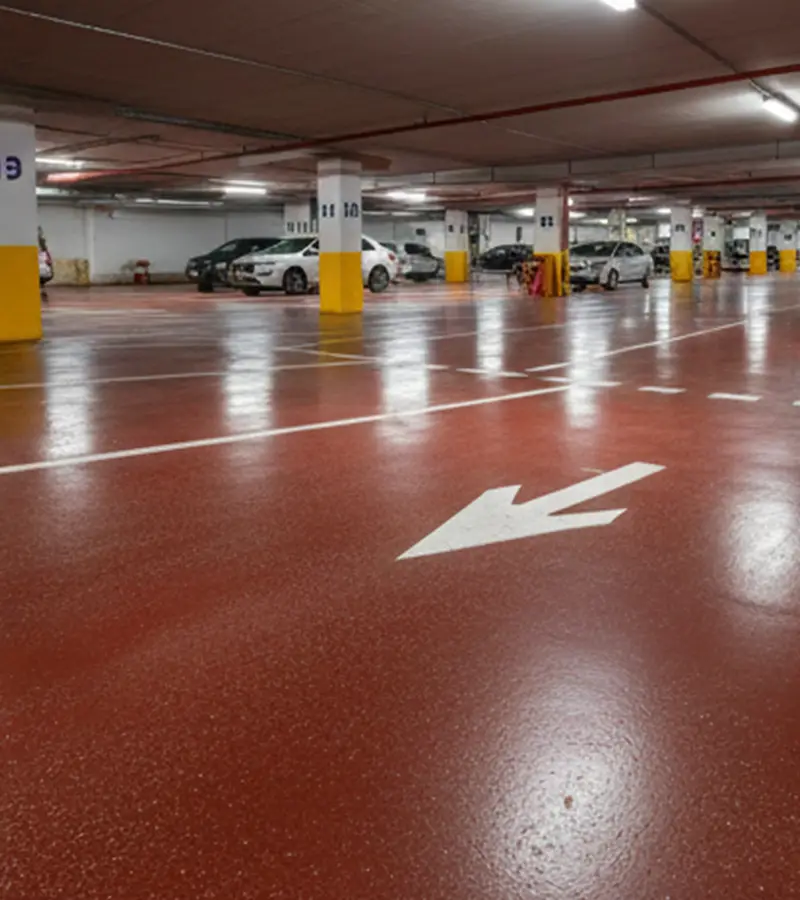 Pavimento de hormigón impreso para parking subterráneo en Madrid con señalización blanca y acabado de alta resistencia