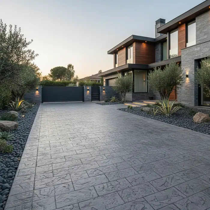 Suelo de hormigón impreso con molde de pizarra natural en color gris ceniza para entrada de garaje y camino de chalet, acabado antideslizante y duradero.