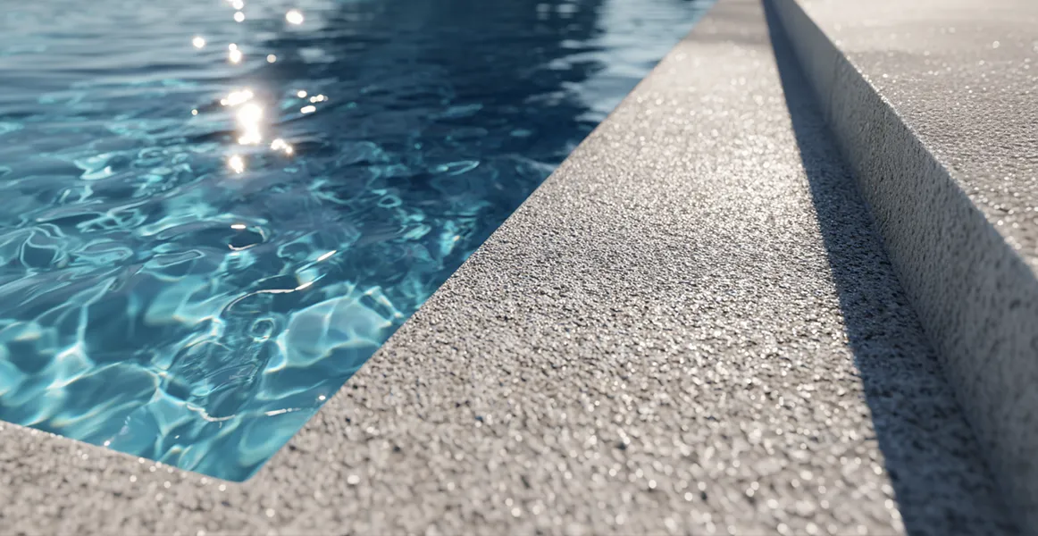 Pavimento de hormigón poroso drenante en color arena para coronación de piscinas, evitando charcos y resbalones