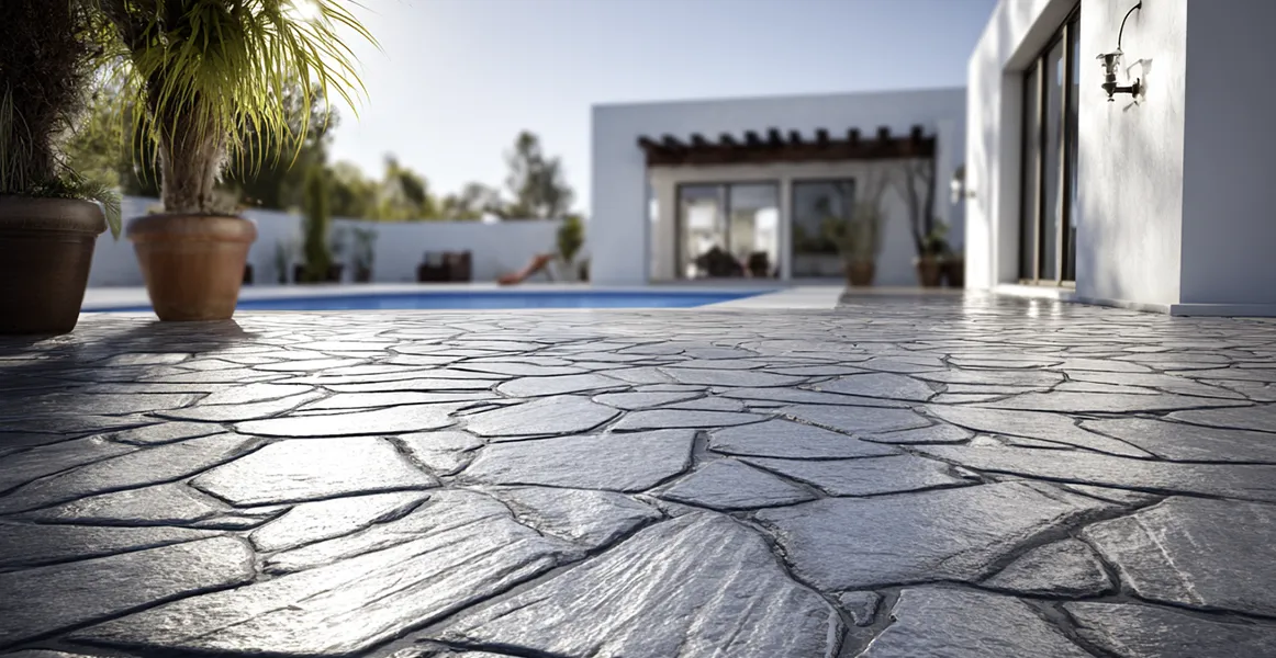 Pavimento de hormigón impreso con molde de piedra irregular en chalet de Madrid