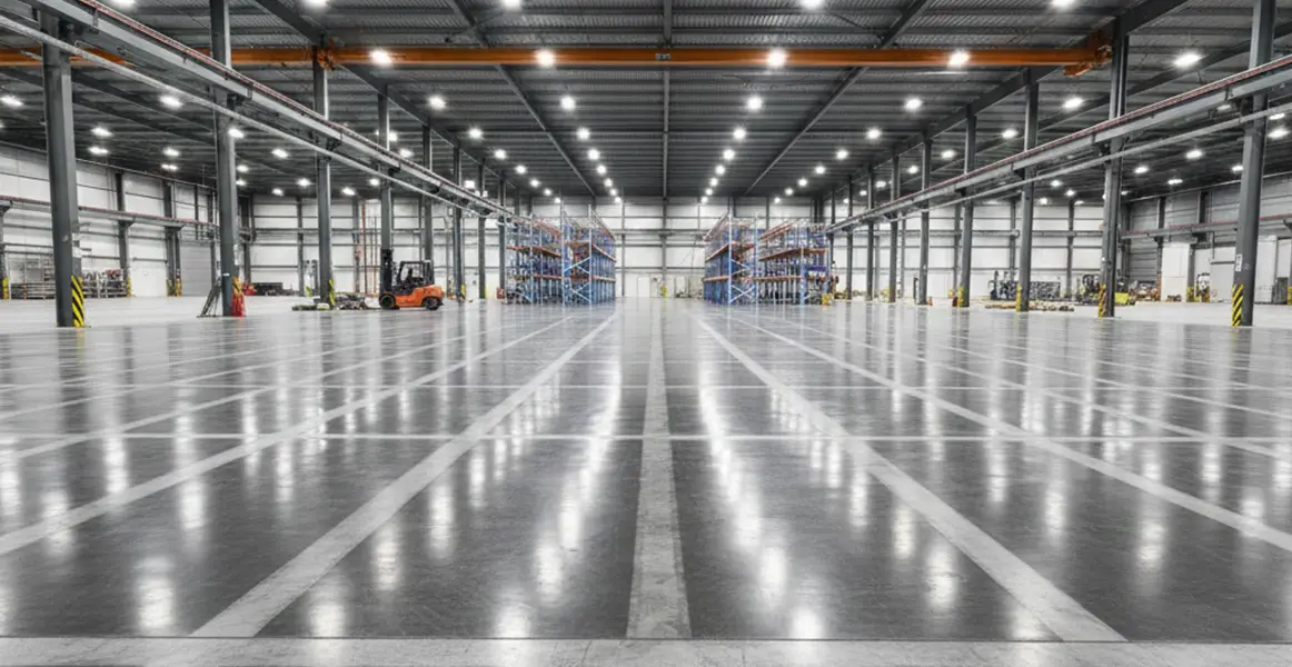 Suelo de hormigón técnico para naves industriales en Madrid con juntas de dilatación y acabado de alta resistencia