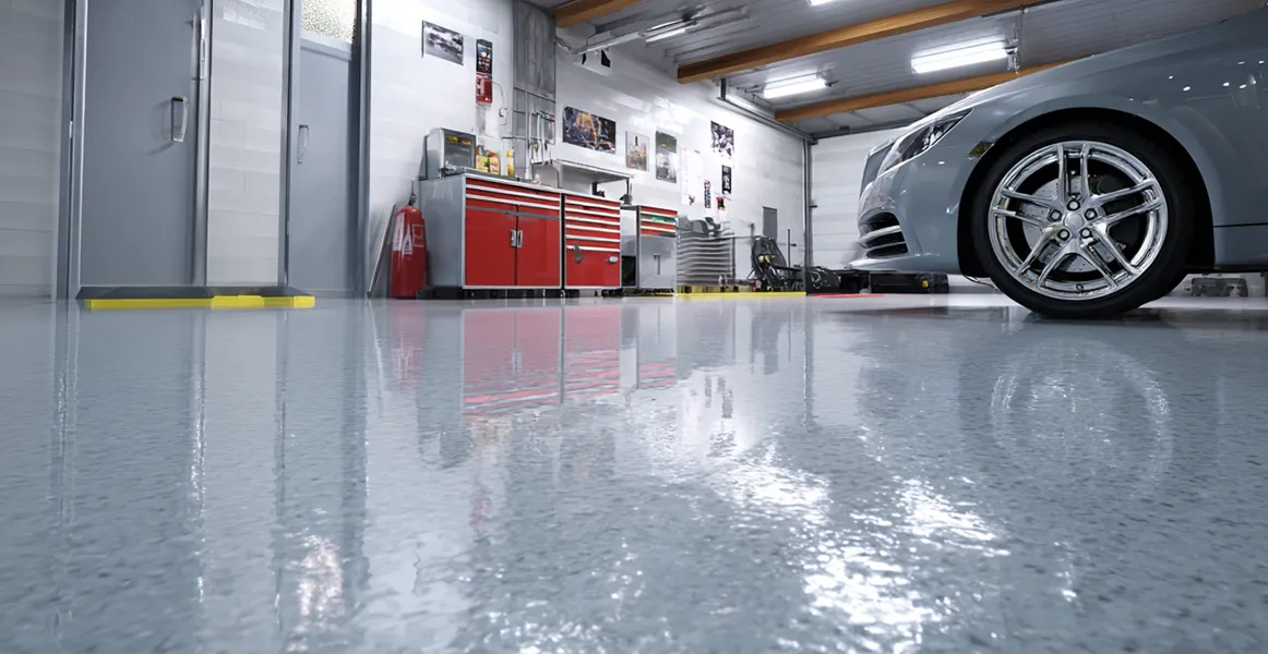 suelo de taller con acabado de resina epoxi gris brillante, superficie antipolvo de alta resistencia para tráfico de vehículos