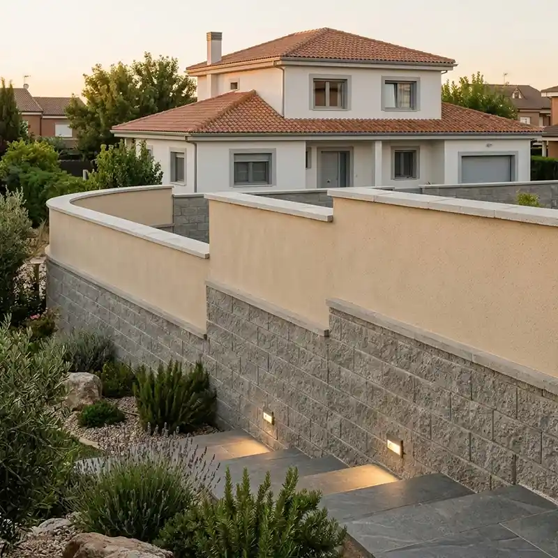 Detalle de muro de contención con bloque Split y hormigón monocapa curvo en chalet