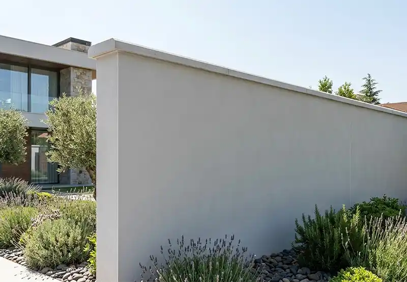 Muro de cerramiento con acabado enfoscado liso y albardilla técnica en chalet de Madrid